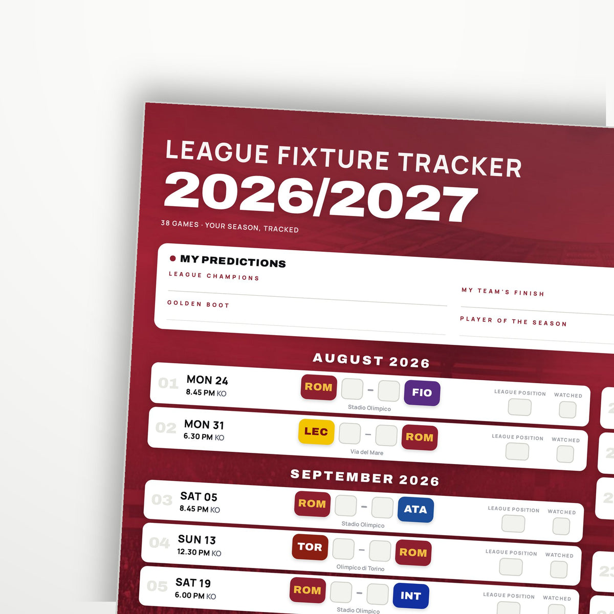 Serie A Fixture Wallchart 2026/27