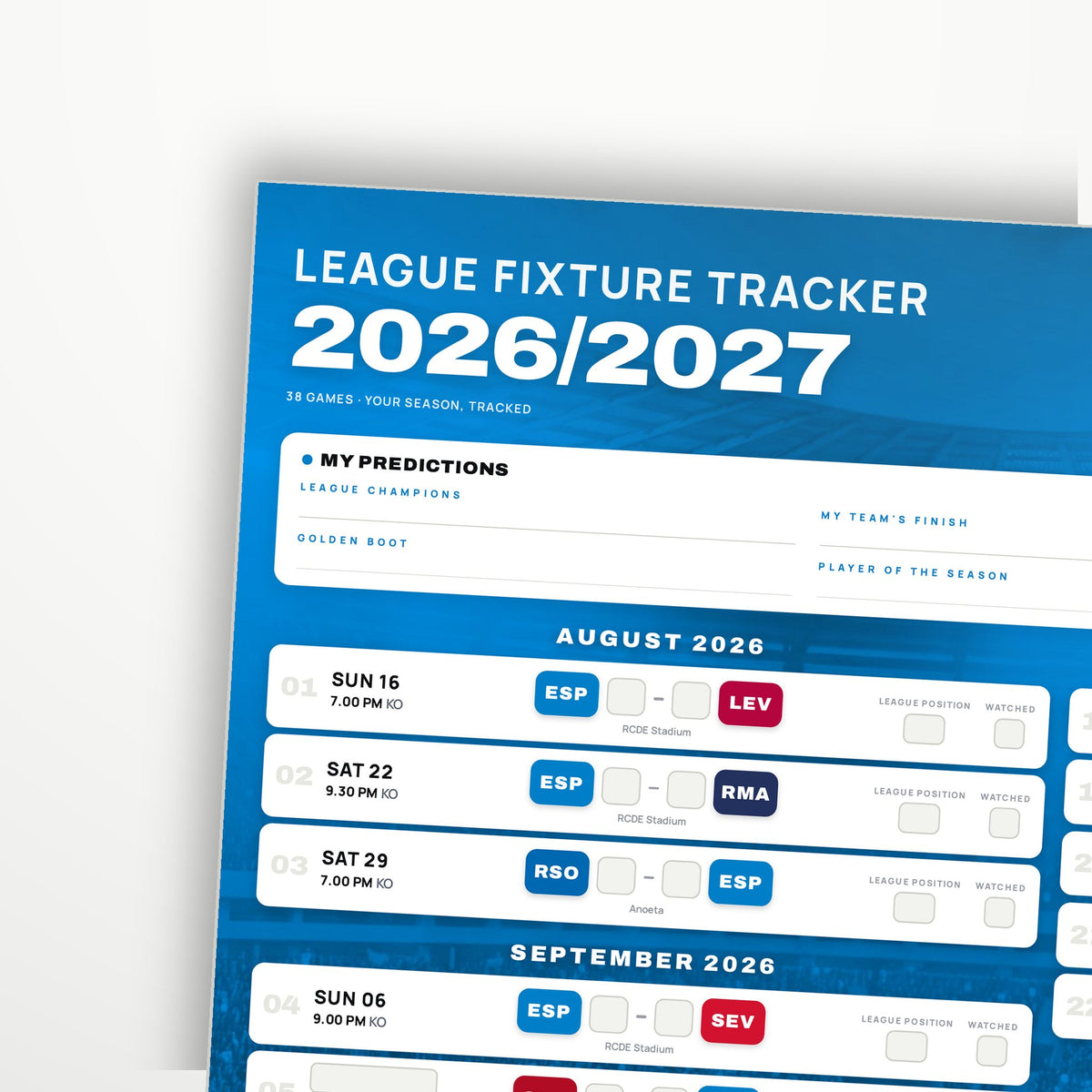 La Liga Fixture Wallchart 2026/27