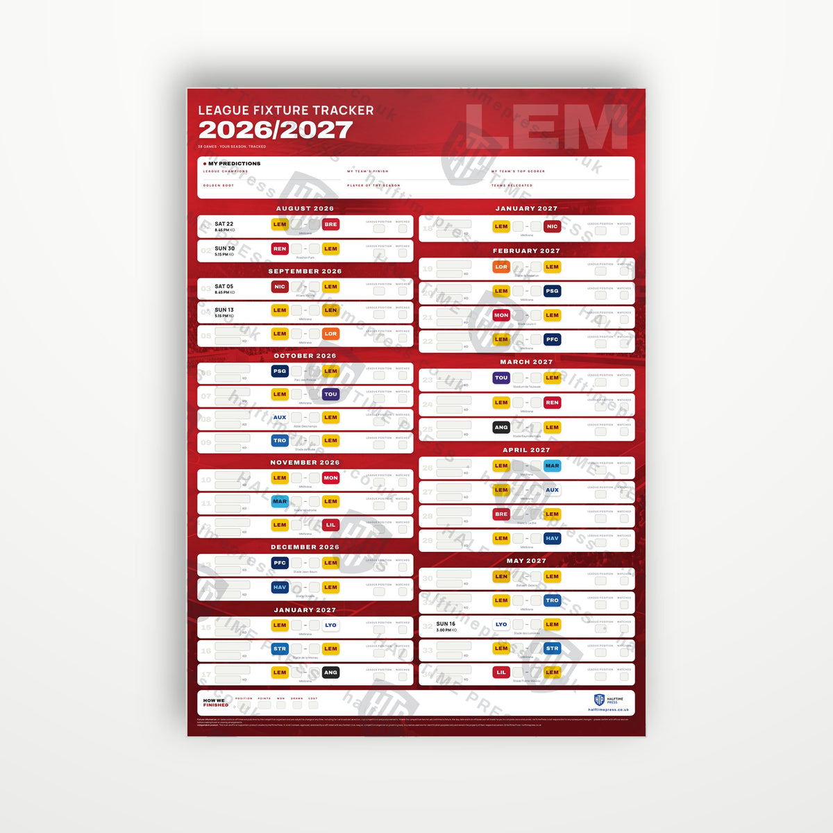 Ligue 1 Fixture Wallchart 2026/27