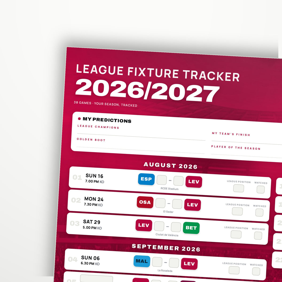 La Liga Fixture Wallchart 2026/27
