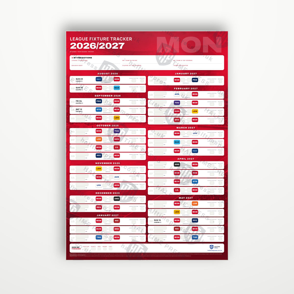 Ligue 1 Fixture Wallchart 2026/27