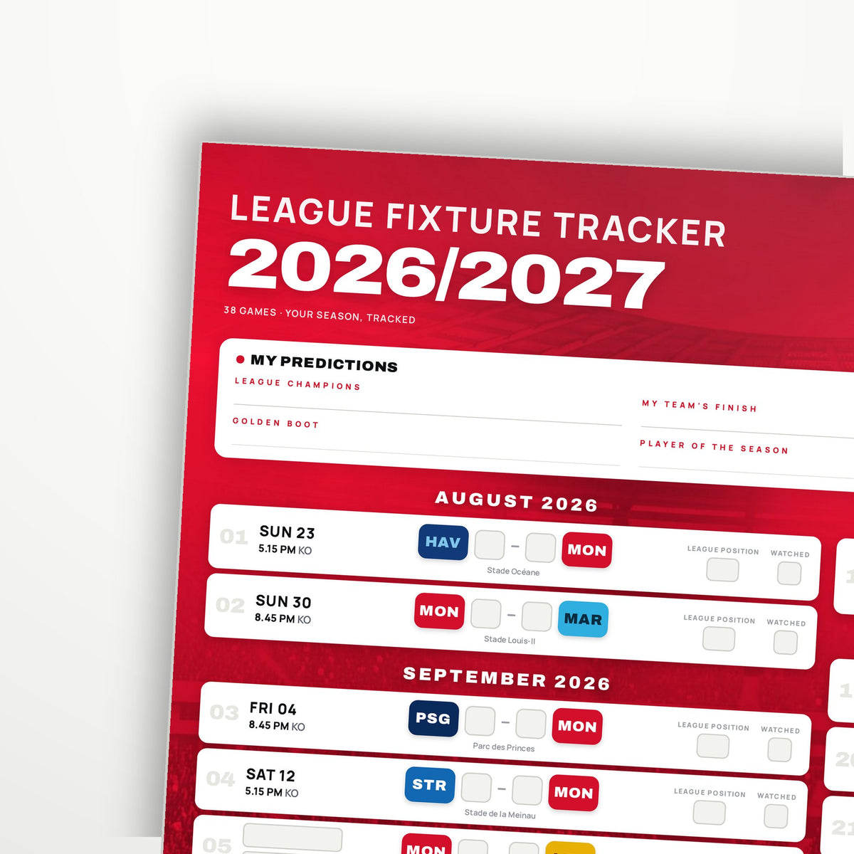 Ligue 1 Fixture Wallchart 2026/27