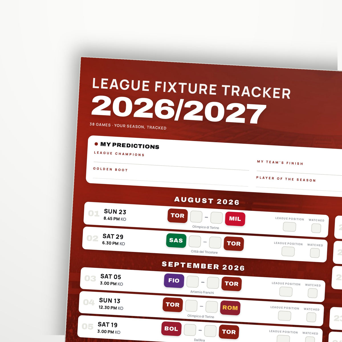 Serie A Fixture Wallchart 2026/27