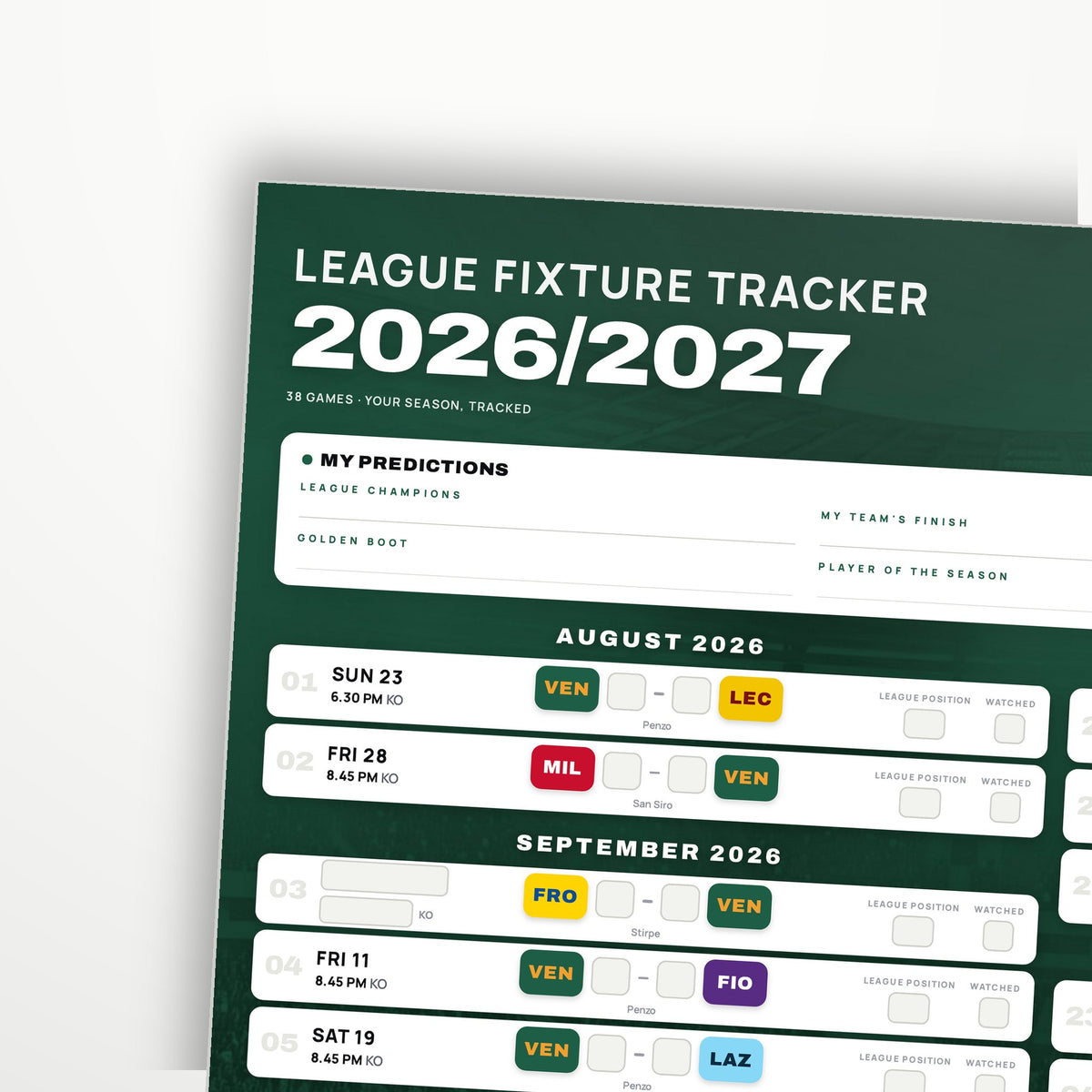 Serie A Fixture Wallchart 2026/27